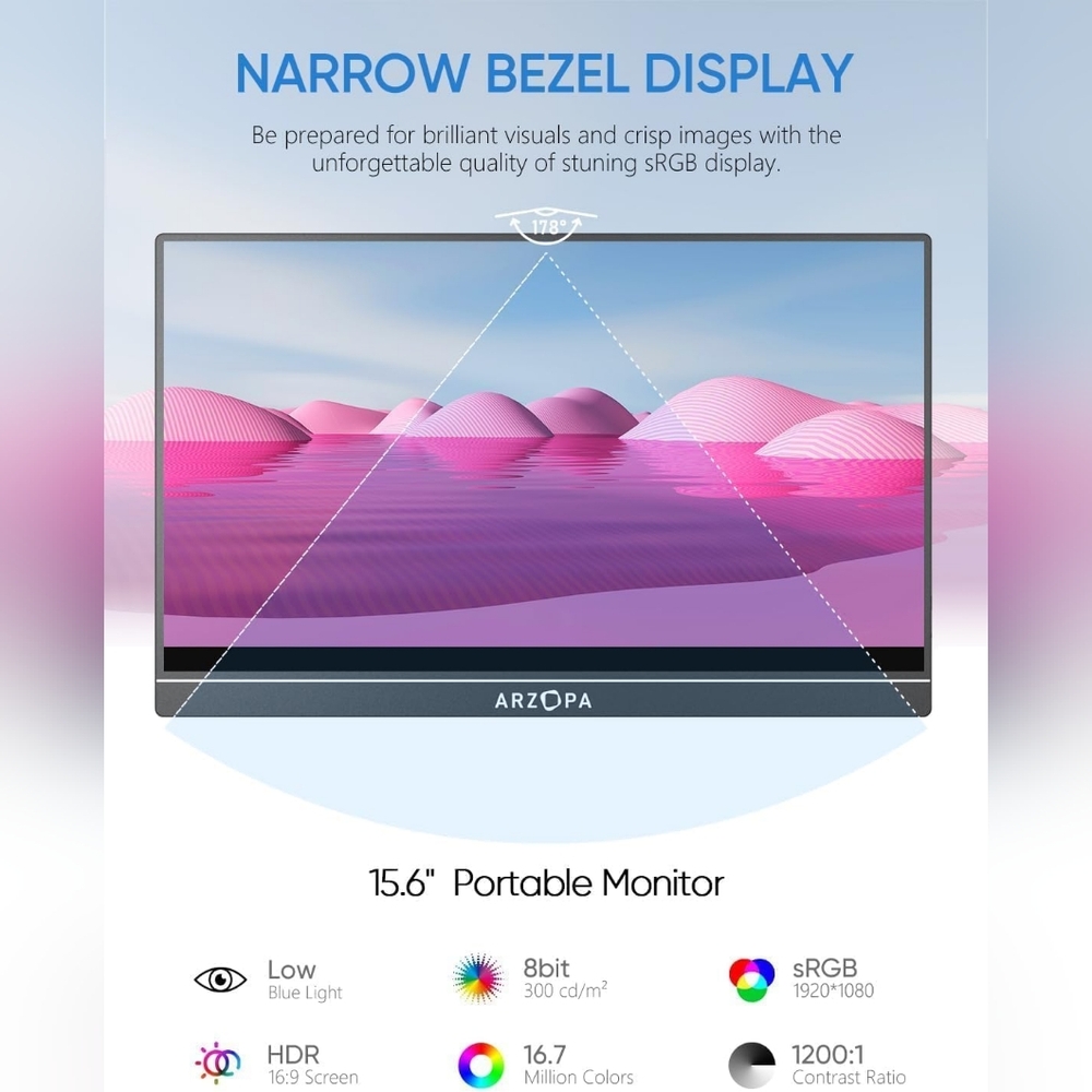 50% Off!!! New ARZOPA Portable Monitor 15.6'' FHD 1080P Kickstand - Model A1 - Picture 3 of 7